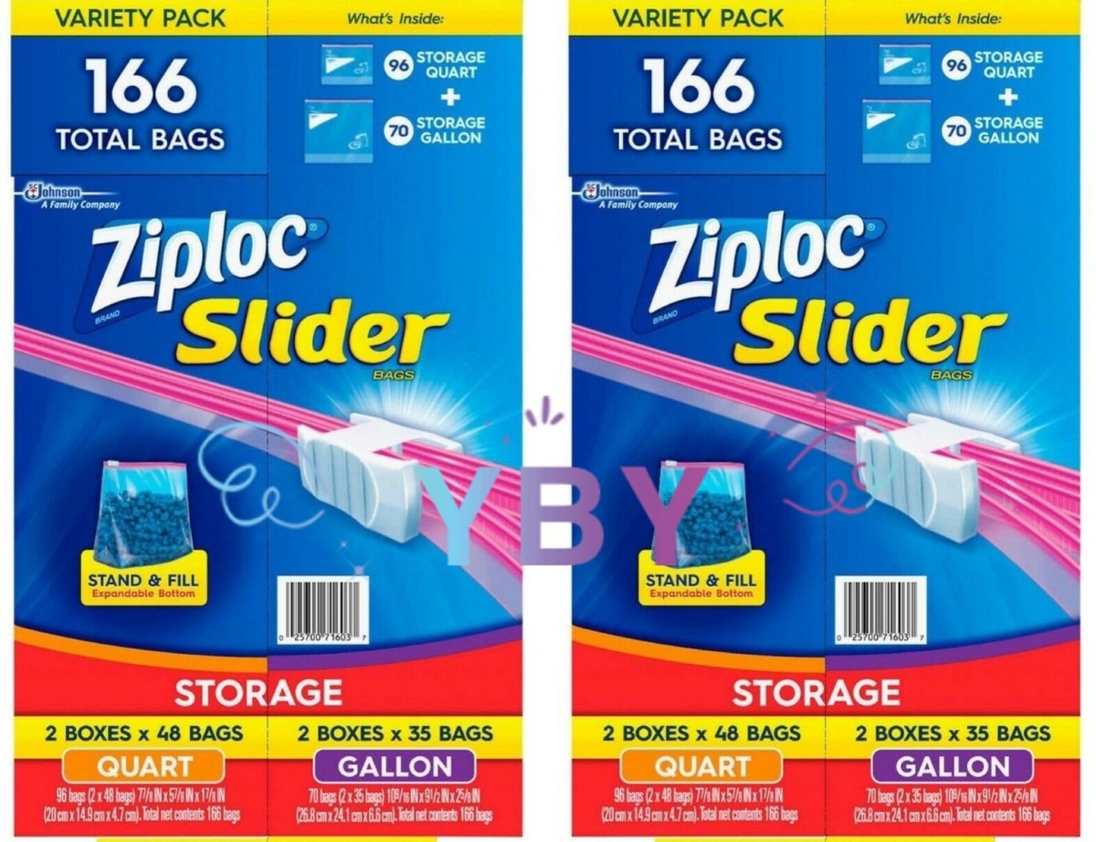 2 Packs Ziploc Slider Bags Variety Pack 166 CT/Pack 70 CT Gallon +