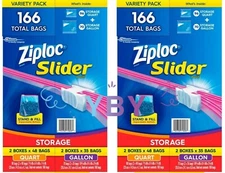 2 Packs Ziploc Slider Bags Variety Pack 166 CT/Pack 70 CT Gallon + 96 CT Quart