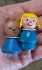 VTG 1970s Fisher Price Little People Wooden Girl Blonde Hair Pig Tail Blue Body
