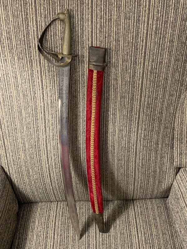 Antique Indian Curved Sword, 21-inch etched blade, with sheath 