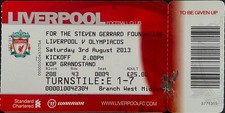 LIVERPOOL V OLYMPIACOS-03/08/13-THE STEVEN GERRARD FOUNDATION TICKET. UNUSED.