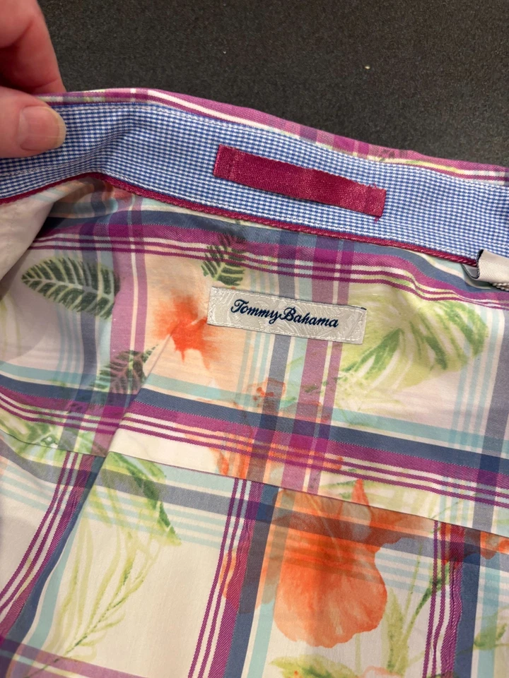 Men's TOMMY BAHAMA Pastel  Floral Plaid Cotton Silk Shirt L Large lknu - Image 4 of 4