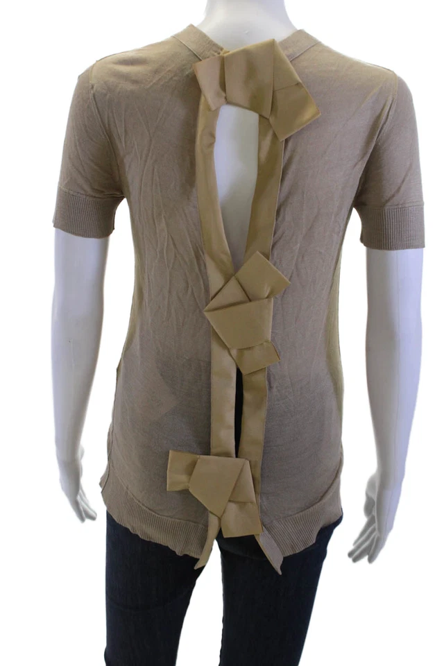 Lanvin 女式丝绸圆领 T 恤米色短袖领带 XS 码 — 第 3/4 张图片