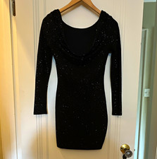 Women’s S Black Glitter Cowl Neck Long Sleeve Stretch Bodycon Mini Dress