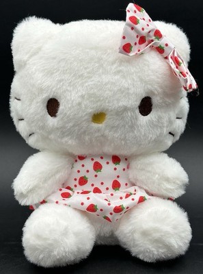 Hello Kitty Plush Toy Sitting White Fur Sanrio Strawberry Dress Bow