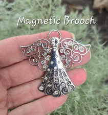 Silver Angel MAGNETIC Brooch. Angel jewelry. Christmas pin. Remembrance gift.