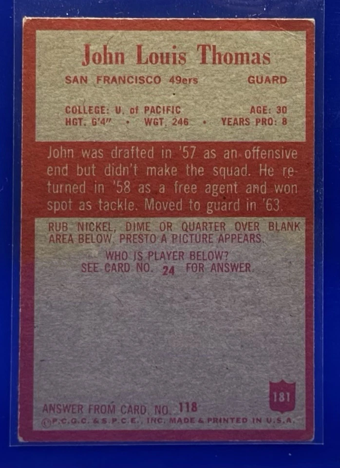 1965 PHILADELPHIA #181 JOHN THOMAS VG (RC) SAN FRANCISCO 49ERS - Image 2 of 2