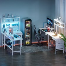 Gaming Tisch mit LED & Regal, Computertisch mit Stauraum & Monitorständer, Weiß