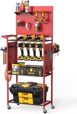 Garage Power Tools Organizer Cart with Pegboard, Large Floor Standing Rolling Dr