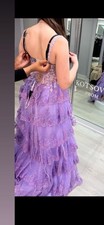 Kotsovos Purple Tulle Layered Ruffle Beaded Ballgown Prom Dress Lace-Up Plunge