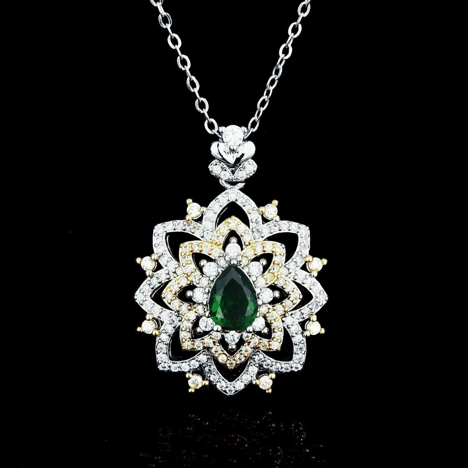 14k White Gold Plated Silver 3Ct Lab-Created Emerald Pendant 18 Chain Pear Cut - Image 3 of 4