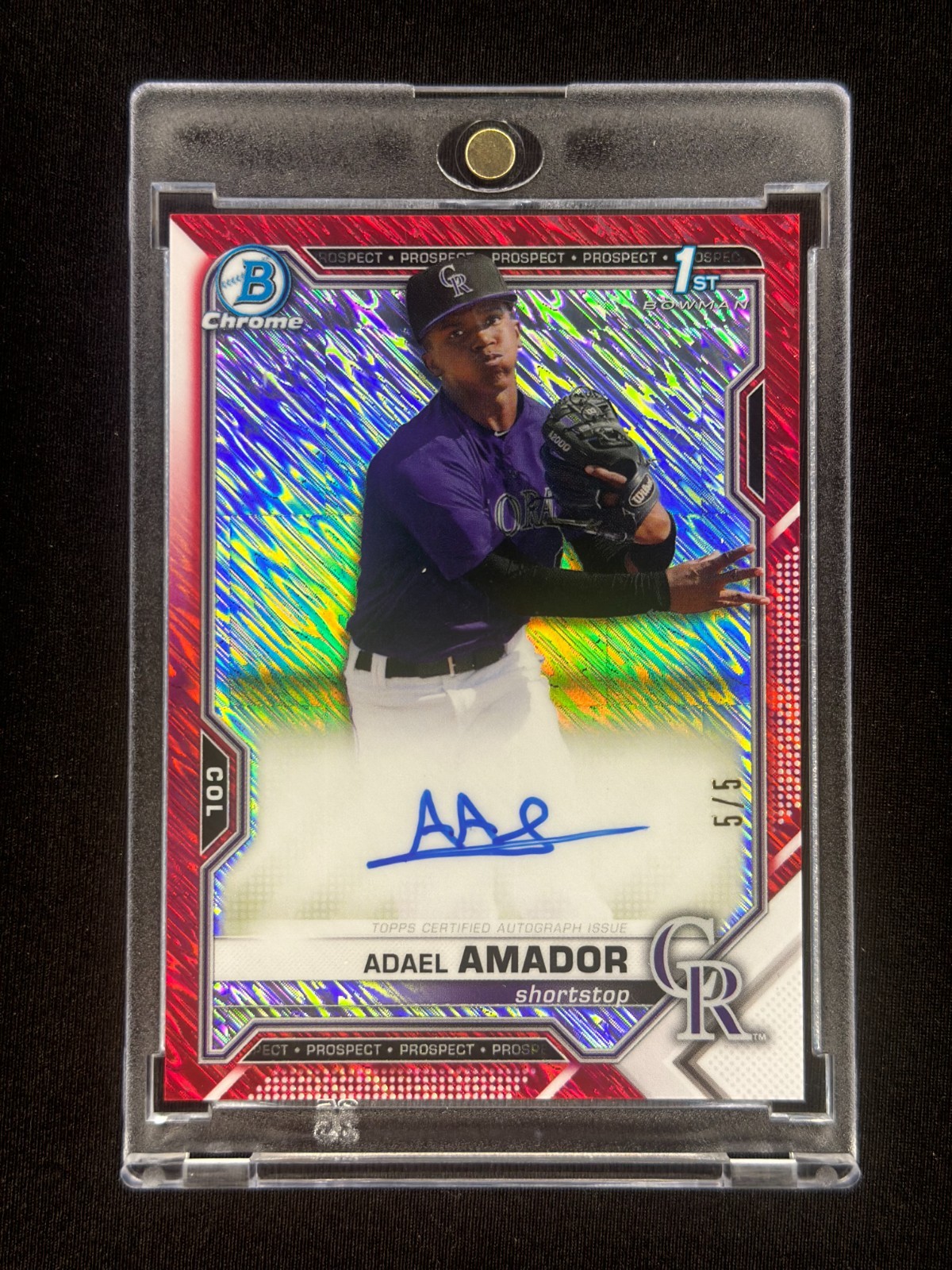 Adael Amador 2021 First Bowman Chrome Red Shimmer Refractor Prospect Auto /5