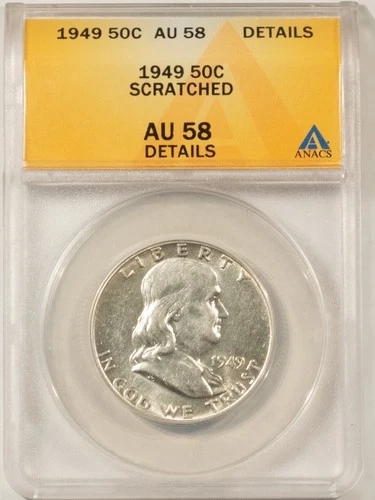 1949 FRANKLIN HALF DOLLAR, SCRATCHED - ANACS AU-58 DETAILS!