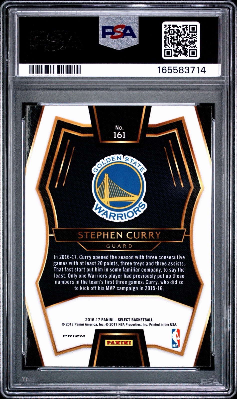 2016-17 Panini Select Stephen Curry SILVER PRIZM #161 PSA 9 Mint Warriors HOF view 2