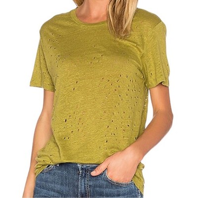 IRO Jeans Women s Size S Grass Green Linen Distressed Short Sleeve Tee T-Shirt