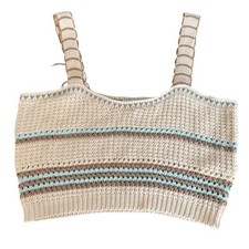 Knit Cropped Tank Striped S Boho Festival Summer Sheer Beach Clean Girl Beige