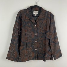 Chicos 100 Silk Black Brown Beaded Embroidered Button Blazer Jacket Size 2 US L