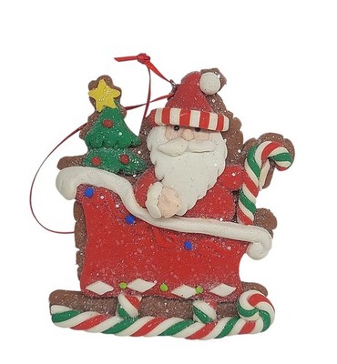 Christmas Gingerbread Santa In Sled Clay Dough Candy Glitter Ornament 4'' CL8