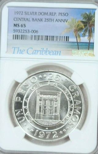 1972 DOMINICAN REPUBLIC SILVER 1 PESO CENTRAL BANK ANNIVERSARY NGC MS 65 GEM BU