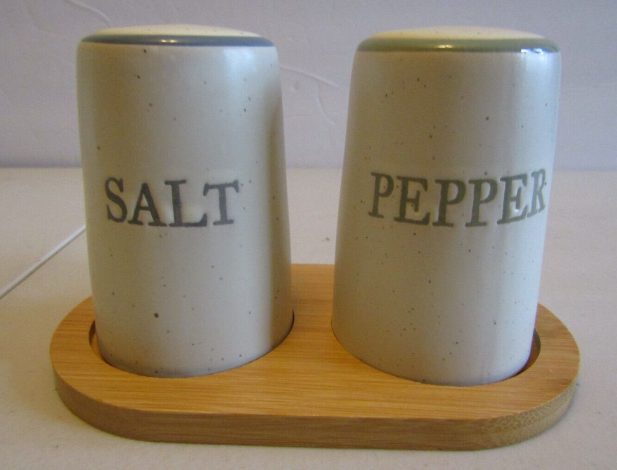 Ceramic Salt & Pepper Shaker Set- w/ Bamboo Carrier- Over 1 Pd ~ 3