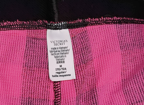 Victoria Secret Waffle Thermal Pink Black Buffalo Check Pajamas 2 Piece Set Sz M - Picture 10 of 12