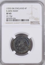 NGC XF 45 1553-4 Mary I Groat, London Mint, mm pomegranate, S-2492