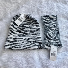  NWT Women's DKNY White/Black Fuzzy Animal Print Knit Beanie  Headband Set