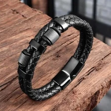 Men's Stainless Steel Leather Braided Bracelet Magnetic Clasp Bangle Wristband