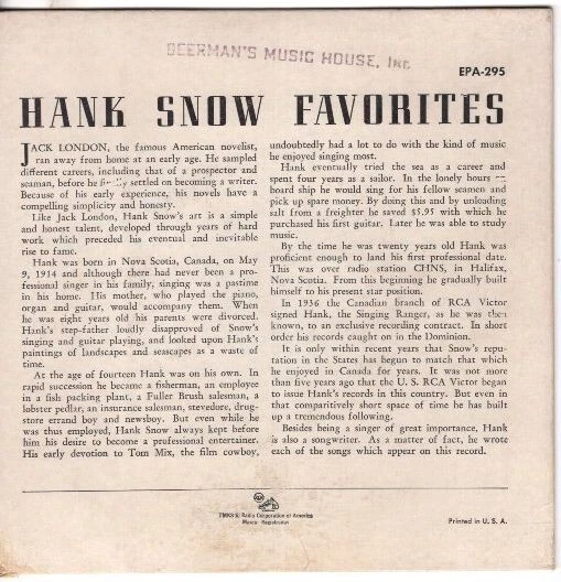 Hank Snow - Favorites 7" 45 EP w/PS Foto 2 de 4