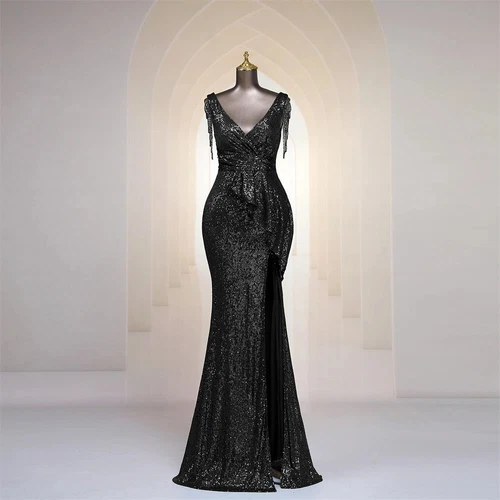 Evening Dress Tassel V Neck Ruffles High Split Women Sequin Long Prom Party Gown - Picture 9 of 30