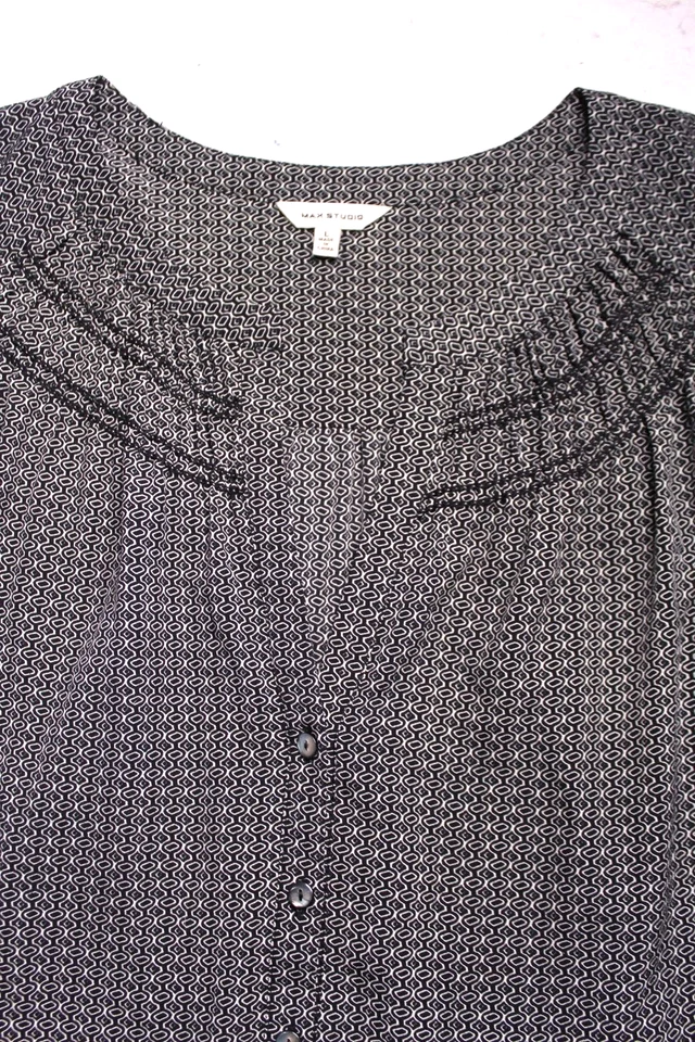 BLUSA TÚNICA MAX STUDIO Damas Talla L Negro Blanco Geo Estampado Mangas Largas Sedosa Foto 2 de 4