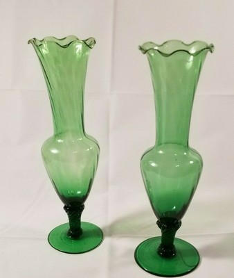 Two Vintage Emerald Empoli Fluted Vases Optic Swirl Twisted Stem