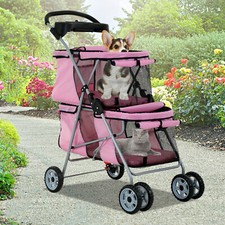 4 Wheels 2 Cages Pet Stroller Cat Dog Cage Stroller Travel Folding Carrier Pink