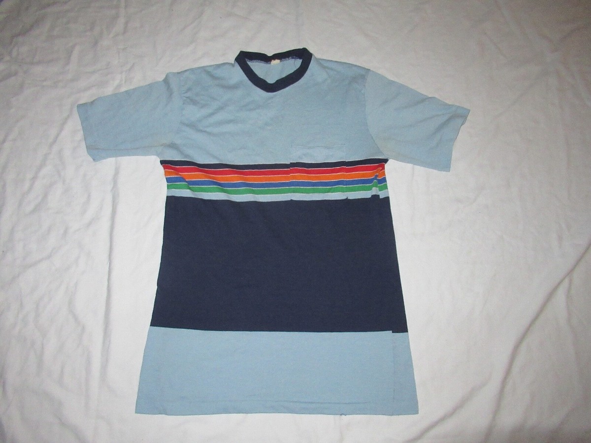 VINTAGE 70s STRIPE T-SHIRT M BLUE POCKET TEE SURFING 60s HAWAII