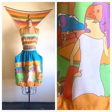 FRENCH RIVIERA 1960s 1970s 60s 70s Vintage Novelty Print Sundress Dress Set S