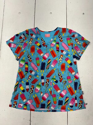 Ava Therese Blue Popsicle Short Sleeve Scrub Top Womens Size Large