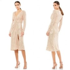 Mac Duggal Sequin Long Sleeve Midi Cocktail Formal Dress Size 12 Rose Gold NWT