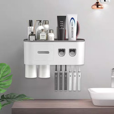 Toothbrush Holder Wall Mounted with Double Automatic Toothpaste Dispenser Squeez
