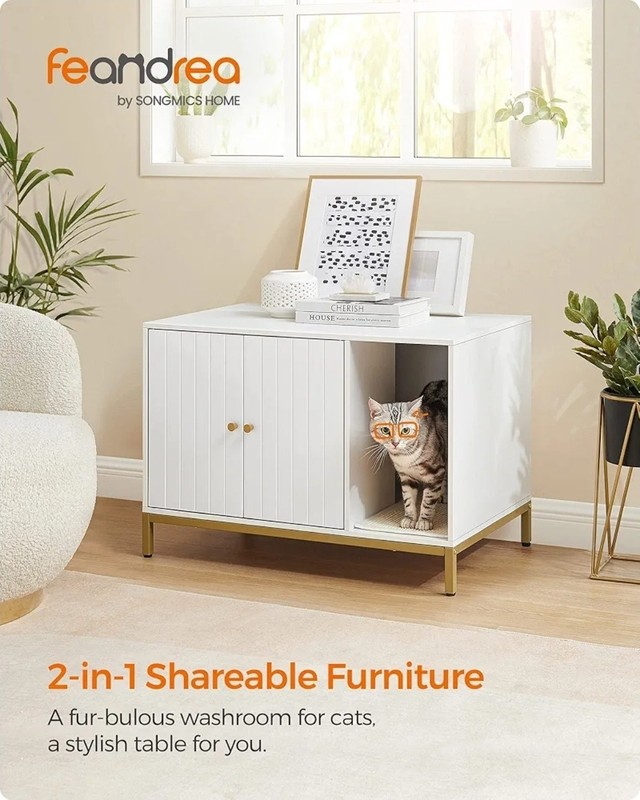 Modern Cat Litter Box Enclosure with Scratch Pad & Double Cabinet Doors, White/G