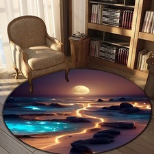 1pc Charming Blue Sea and Moon Pattern Area Mat, Round Non-Slip Washable Polyest