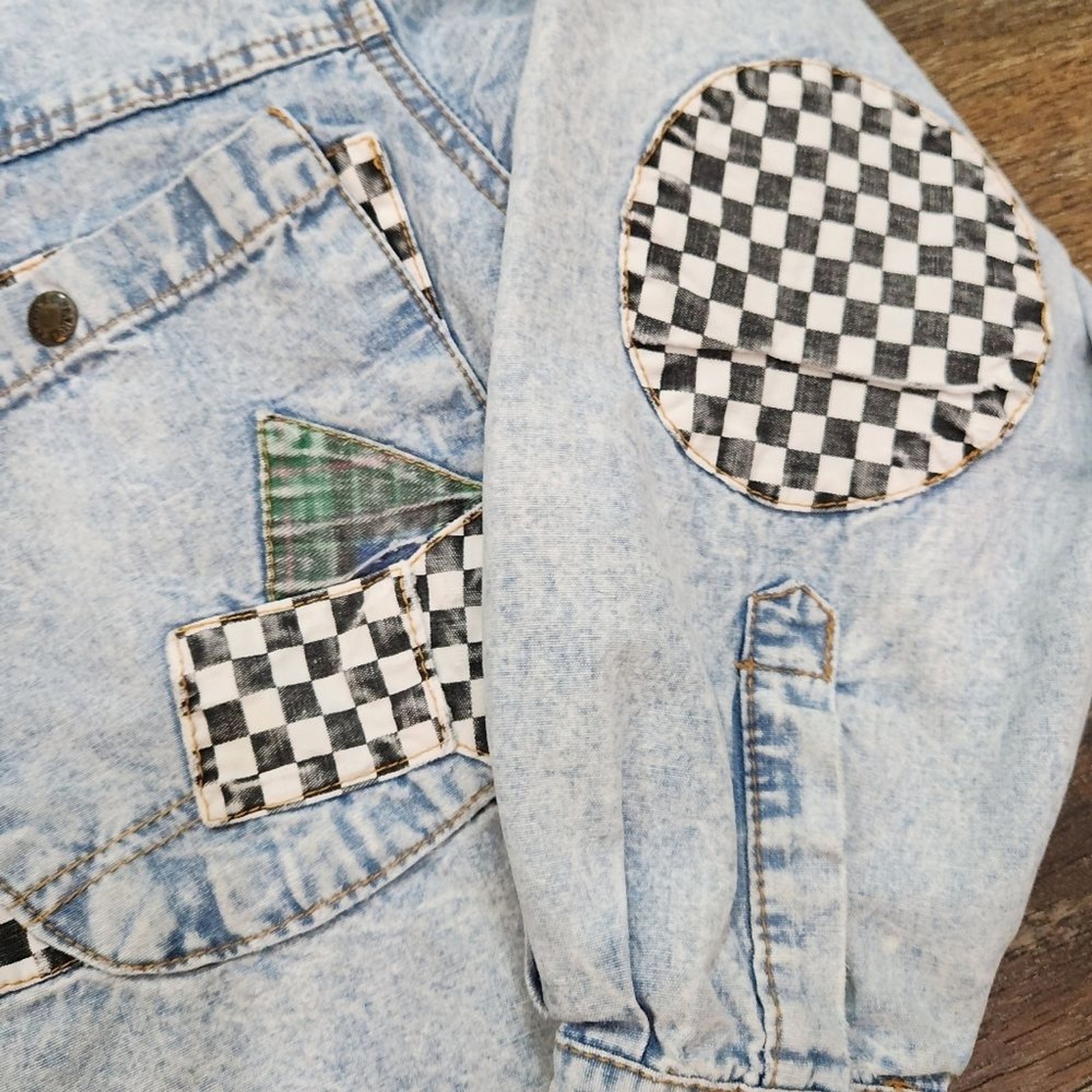 Vintage Retro Checkered Patchwork Denim Button-Up… - image 5