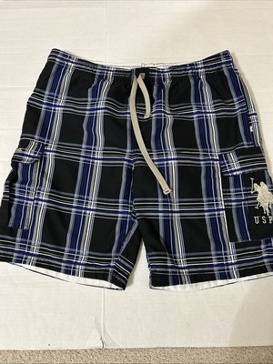 US Polo Assn. XXL USPA Black Blue  Plaid Bathing Suit Swim Trunks