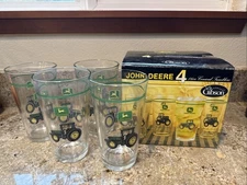4 John Deere Gibson Drinking Glasses Tractor Design 16 Oz Conical Tumblers NEW!