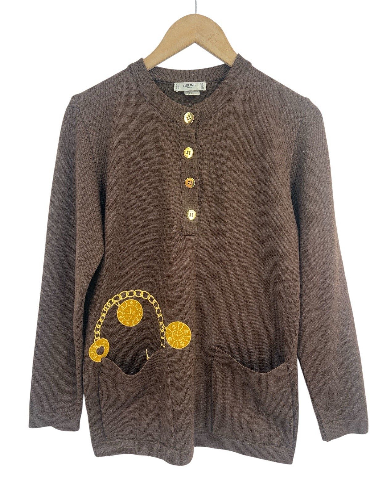 Celine, Maglione lana marrone Celine vintage anni 70 bottoni oro catena ricamata 38 Italia