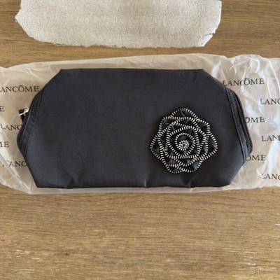 New Lancome Paris Zipper Floral Rose Cosmetic Zip-Up Black Make-Up Bag-NWOT