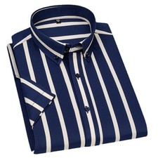 Mens Dress Shirts Short Sleeves Formal No Iron Striped Elastic Casual Shirt Tops