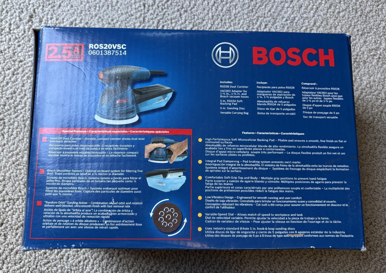 BOSCH ROS20VSC Palm Sander 2.5 Amp 5 Inch Corded Variable Speed Random Orbital