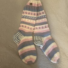 Vintage Bergen Norway Wool Socks Scandinavian Stocking Pink Purple Blue Chunky