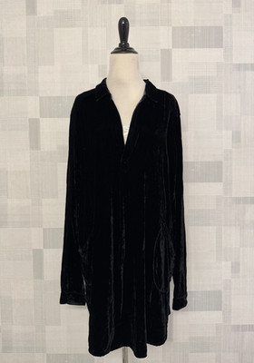 CP Shades Black Velvet Tunic Dress Split V Neck Collar XL Rayon Silk Blend USA
