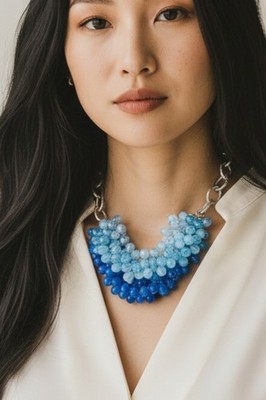 20'' LOFT Silver Tone Blue Plastic Beads Bib Statement Necklace Adjustable Chain
